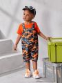 Baby Boys' Summer Orange Round Neck Top With Overall Shorts Set