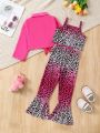 SHEIN Kids CHARMNG Little Girls' Solid Color Shirt Leopard Print Spaghetti Strap Top Flared Pants Casual Outfit