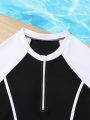 Teenage Girls' Black & White Color Block Short Sleeve Zipper Front One-Piece Swimsuit