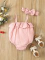 SHEIN Newborn Baby Girls' Comfortable And Lovely Ruffle Trimmed Bodysuit With Headband