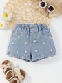 Girls' Casual Cute Dopamine Colored Flower Embroidery Wide-leg Comfortable Light Blue Washed Denim Shorts With Flower