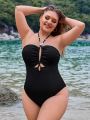 SHEIN Swim Basics Women'S Plus Size Hollow Out & Ruched Halter One Piece Swimsuit