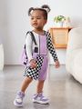 SHEIN Baby Girls' Casual Knitted Color Block Checkered Long Sleeve Top And Elastic Waist Shorts Set