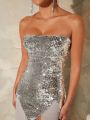 Pretty on the Outside Color-Block Mesh Hem Sparkly Strapless Dress