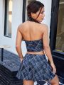SHEIN Qutie Women'S Plaid Halter Top With Ruffled Hem Skirt Set