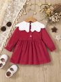 Infant Girls' Winter Warm Plush Collar Red Dress With Patchwork Design For Casual Daily Wear