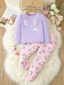 SHEIN Kids EVRYDAY Toddler Girls' Unicorn Printed Letter Printed Rhinestone Casual Comfortable 2pcs Outfit