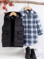 SHEIN Kids KDOMO Girls' Autumn And Winter Casual Retro Fashion Warm And Trendy Hooded Vest Jacket And Shirt Dress Two-Piece Suit