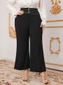 SHEIN Modely Plus Size Contrast Color Embroidered Button Detail Flare Pants