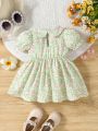 Infant Girls' Casual Comfortable Cute Double-Breasted Ruffle Collar Peter Pan Collar Back Water Droplet Button Decoration Short Sleeve Puff Sleeve Bubble Dress