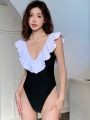 Women's Black And White Monokini Swimsuit With Ruffled Sleeves