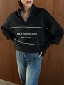 FRIFUL Slogan Print Contrast Piping Zippered Half-cardigan Sweatshirt