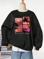 SHEIN EZwear Plus Scenery & Slogan Graphic Drop Shoulder Thermal Lined Sweatshirt