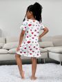 SHEIN Toddler Girls' Casual Knitted Love Heart Print Loose Fit Short Sleeve Round Neck Sleep Dress