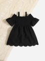 SHEIN Baby Laser Cut Shirred Cold Shoulder Scallop Trim Dress