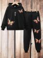 Teen Girls' Solid Color Butterfly Printed Hooded Sweatshirt And Pants Set, Autumn/winter