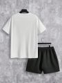 SHEIN Extended Sizes Men's Plus Size Letter Printed Short Sleeve T-shirt And Shorts Set