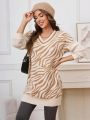 SHEIN LUNE Women's Fashionable Color Block V-neck Long Sleeve Sweater Dress