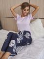 Solid Tee & Floral Print Bow Front Pants PJ Set