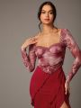 SHEIN BAE Valentine's Day Clothes Red Rose Printed Lace Long Sleeve Women Top