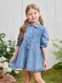 Young Girls' Holiday Leisure Sweet Ruffle Trim Sleeve And Loose Fit Denim Dress