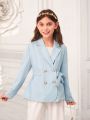 SHEIN Tween Girl 1pc Double Breasted Knot Side Coat