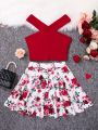 SHEIN Teen Girls' Knit Solid Color Crossed Off Shoulder T-shirt With Floral Print Skirt 2pcs/set