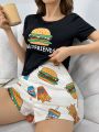 Women's Cute Cartoon Hamburger Print Pajama Set