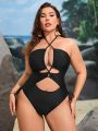 SHEIN Swim SXY Plus Cut Out Crisscross Tie Backless Halter One Piece Swimsuit