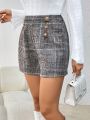 SHEIN Privé Women's Plaid Metal Double-breasted Button Shorts