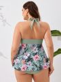 SHEIN Swim Classy Plus Size Tropical Print Spliced Knot Front Bikini Set