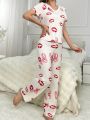 Lip Print V-Neck Pajama Set