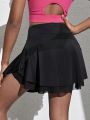 SHEIN Tween Girls' Patchwork Mesh Shorts Inner Anti-Light Pockets Sports Skirt