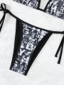 SHEIN Swim Y2GLAM Random Printed Tie Front Bikini Set With Side Tie Bottom