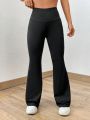 SHEIN EZwear Summer Black Solid Flare Leg Pants Flare Leggings