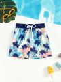 Young Boy Coconut Tree Print Swim Trunks