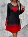 Women's Black Gradient Heart Print Round Neck Dress