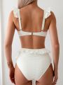 SHEIN Swim Mod Women'S Two Piece Swimsuit With Knot Front And Frilled Trim