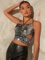 Minami Sequin Cut Out Tie Backless Crop Top