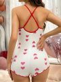 Butterfly Decorated Heart Patterned Sleepwear Cami Jumpsuit With Shorts