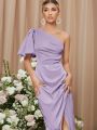 SHEIN Solid One Shoulder Lantern Sleeve Split Thigh Bridesmaid Dress