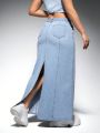 SHEIN ICON Women'S Light Blue Washed Long Denim Skirt With Side Slits