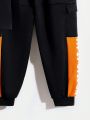 SHEIN Kids HYPEME Tween Boy Slogan Graphic Hooded Tee & Contrast Side Seam Pants