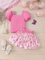 SHEIN Kids SUNSHNE Young Girl Knitted Solid Color Square Neck Puff Sleeve Top And Flower Printed Skirt Set