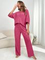 Women's Knitted Top With 3/4 Sleeves And Long Pants Home Clothing Set