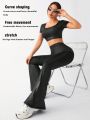 Daily&Casual Women'S Faux Leather Sports Flare Pants For Yoga, Fitness, Workout And Outdoor Activities