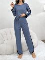 Color-Blocking Stitched Ribbed Knit Pajama Set