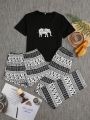 Elephant Print Short Sleeve T-Shirt And Shorts, Pants Pajama Set
