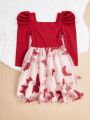 SHEIN Kids CHARMNG Little Girls' Knitted Solid Color Sweater Dress With Butterfly Embroidery And Mesh Skirt