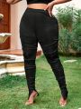 SHEIN SXY Plus Size High Waisted Long Foot Opening Split Stretchy Pleated Leggings Valentines Outfits Sexy Outfits Club